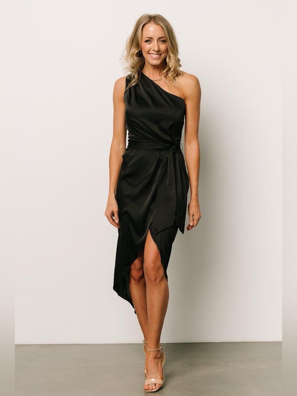Celia One-Shoulder Black Satin Wrap Dress